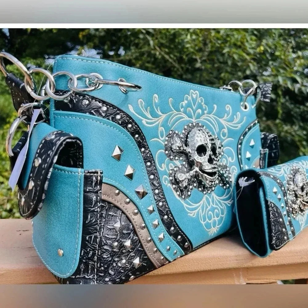 Turquoise Rhinestone Skull Concealed Carry Handbag and Wallet Set Handmade NWT - Picture 3 of 14